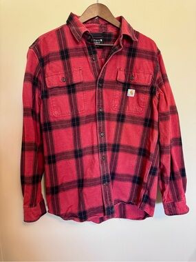 Men’s Carhartt Loose Fit Heavyweight Flannel Plaid Shirt in Red & Black